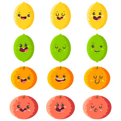 Cute lemon, lime, orange and grapefruit vector cartoon characters set isolated on a white background.