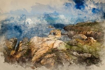 Digital watercolour painting of Stunning sunrise landscape image of Land's End in Cornwall England