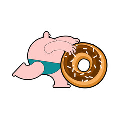Fat men running for donut. Fat people and doughnut