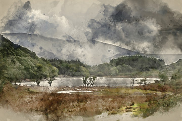 Digital watercolour painting of Landscape image of view from Precipice Walk in Snowdonia