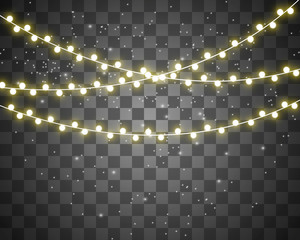 Christmas bright, beautiful lights, design elements. Glowing lights for design of Xmas greeting cards. Garlands, light Christmas decorations.