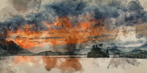 Naklejka na ściany i meble Digital watercolour painting of Panorama landscape stunning sunrise over lake in mountains