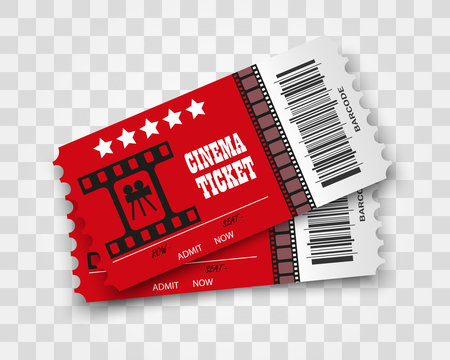 Vector cinema tickets isolated on transparent background. Realistic cinema entrance ticket.