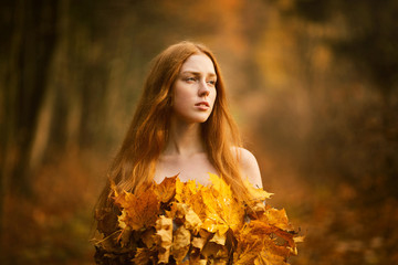 Fashion Autumn model, Fall Leaves Dress, Beauty Girl