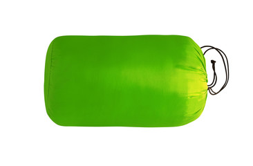 Sleeping bag packed in case and isolated on white background