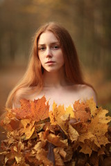 Fashion Autumn model, Fall Leaves Dress, Beauty Girl