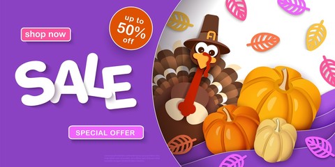 Thanksgiving, sale. Advertising banner with traditional turkey in a hat, pumpkins, autumn leaves in the style of paper cut. Layered horizontal vector background EPS10