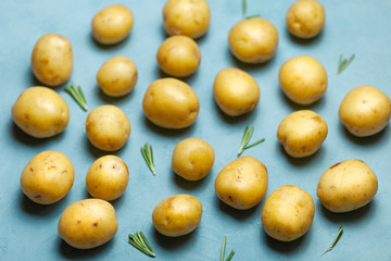 Raw potato tubers with rosemary on blue background