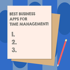 Conceptual hand writing showing Best Business Apps For Time Management. Business photo showcasing Quality modern applications Stack of Different Pastel Color Construct Bond Paper Pencil