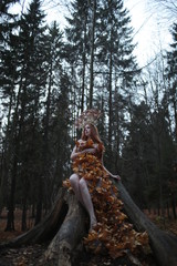 Fashion Autumn model, Fall Leaves Dress, Beauty Girl