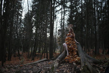 Fashion Autumn model, Fall Leaves Dress, Beauty Girl