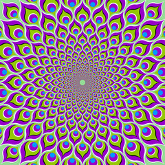 Background from feathers of peacock. Optical expansion illusion.