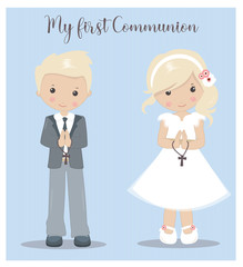 My First Communion girl and boy. Holy Communion vector