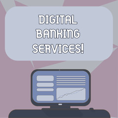 Writing note showing Digital Banking Services. Business photo showcasing Digitization of all the outmoded banking activities Mounted Computer Screen with Line Graph on Desk Blank Color Text Box