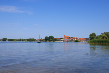Fototapeta na wymiar View to Waren (with skyline) and Müritz lake, Mecklenburg Lake Plateau, Germany