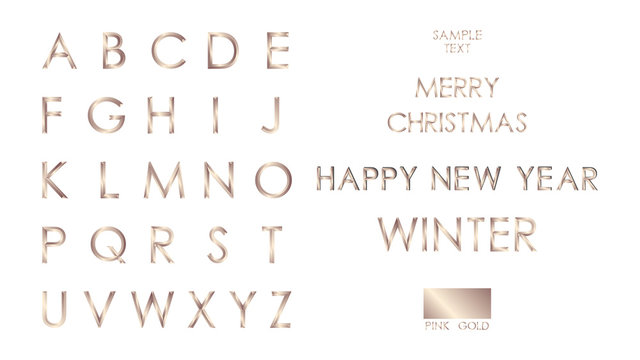 Vector Set of Pink Gold A-Z,  Alphabet letters from A to Z, Stylized bold font and SAMPLE TEXT, MERRY CHRISTMAS, HAPPY NEW YEAR