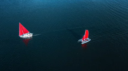 Rolgordijnen luxury yacht sailing on opened sea. aerial view. drone shot. picture with space for text © ver0nicka