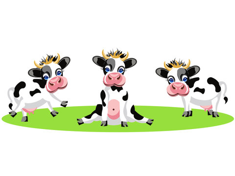 Drawing of three different cows, funny, baby spotted animals. In minimalist style. Cartoon flat vector