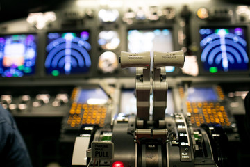 Aircraft interior, cockpit view inside the airliner. Point of view from a pilot place in a plane.