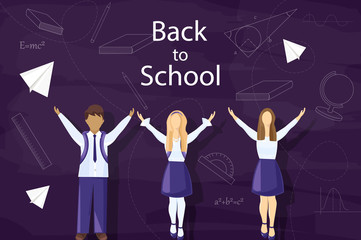 Happy kids back to school Vector. Pupils uniform dressed flat styles