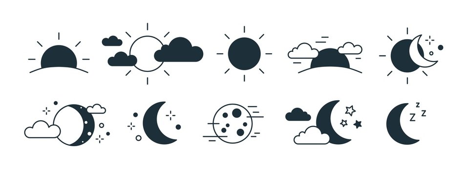 Bundle Of Rising Or Setting Sun Crescent Moon Cloud And Stars Symbols Set Of Day And Night Time Monochrome Pictograms Drawn With Black Contour Lines On White Background Modern Vector Illustration Stock Bundle Of Rising Or Setting Sun Crescent Moon Cloud And Stars Symbols Set Of Day And Night Time Monochrome Pictograms Drawn With Black Contour Lines On White Background Modern Vector Illustration Stock