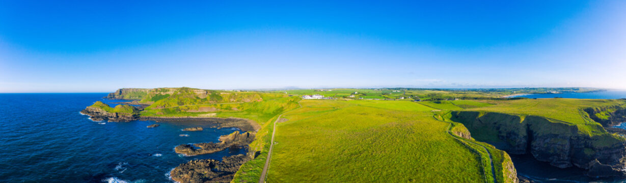 Flight Panorama View Of Giants Causeway Coastline On Sunset Time Northern Ireland