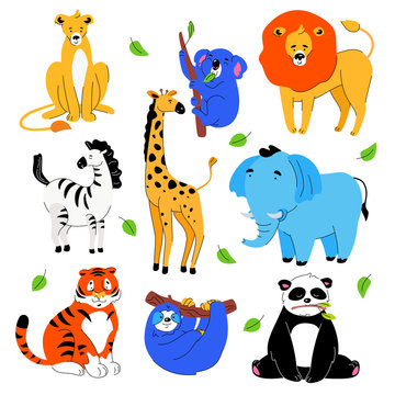 Cute exotic animals - set of flat design style cartoon characters