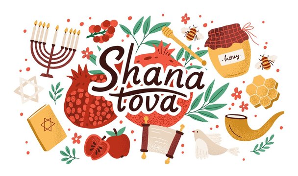 Rosh Hashanah horizontal background with Shana Tova inscription decorated by menorah, shofar horn, Torah, honey, apples, pomegranates. Flat cartoon vector illustration for Jewish new year celebration.