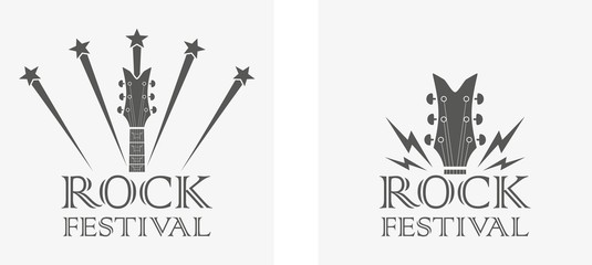  Guitar stars and text with lightnings. Black and white illustration on the theme of rock music