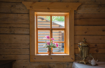 Irkutsk Region, Taltsy, Museum of Ancient Zotchestvo, June 2019 window view in a room of a wooden house