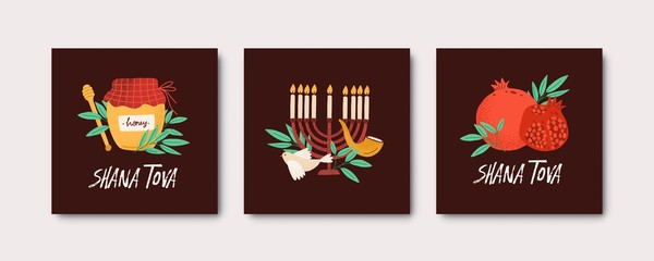 Fototapeta na wymiar Collection of square Rosh Hashanah cards with Shana Tova phrase decorated by menorah, shofar horn, honey, bird, pomegranate. Flat cartoon vector illustration for Jewish religious holiday celebration.