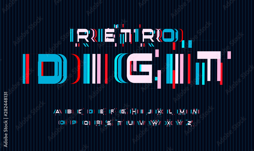 Poster Screen glitches letters set. No signal or bad signal for vector alphabet. Led screen rgb error effect for font. Typography design.