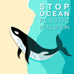 Garbage in a whale lying on the beach. Ecological poster. The dead whale ate plastic trash. Keep the sea, concept without plastic. Various plastic trash. Environmental pollution
