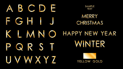 Fototapeta na wymiar Vector Set of Yellow Gold A-Z, Alphabet letters from A to Z, Metallic Bold font with SAMPLE TEXT, MERRY CHRISTMAS, HAPPY NEW YEAR on Black background