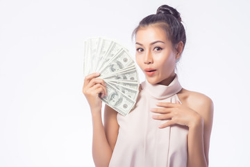 Asian beautiful girl smiling and showing the symptoms of adrenaline. She looked at the stack of...