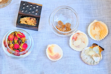 Tools for bathing in ancient romans terms. The body scrub, which is washed slaves of Roman citizens. Reconstruction of cleaning devices in the baths of antique Rome.