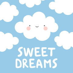 Fototapeta premium Cute Happy Cloud with Rain Drops, Print or Icon Vector Illustration, good night text