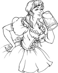 Vector hand drawn pretty girl wearing traditional german dress and drinking beer. October fest design.