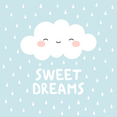 Cute Happy Cloud with Rain Drops, Print or Icon Vector Illustration, good night text