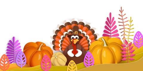 Thanksgiving Day. Advertising banner with traditional turkey in a hat, pumpkins, autumn leaves in the style of papercut. Layered horizontal vector background EPS10