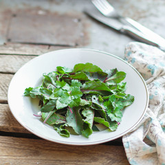 Healthy salad, leaves mix (fresh green juicy snack). food background. top. copy space