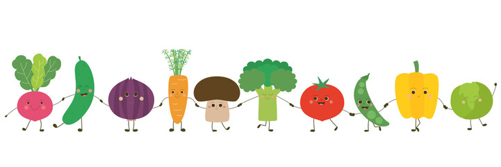Personnages de légumes alignés – se tenant par la main