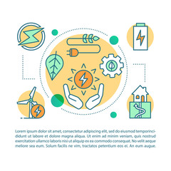 Alternative energy article page vector template. Eco energy, green technology. Brochure, magazine, booklet design element with linear icons and text boxes. Concept illustrations with text space