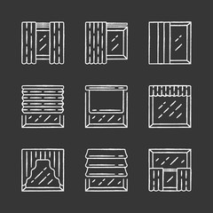 Window shutters chalk icons set. Roller, roman shades, panel, swags, valance. Motorized jalousie. House and office window decoration. Home interior shop. Isolated vector chalkboard illustrations