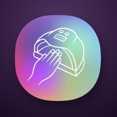 Nail dryer app icon. UV, LED, hybrid lamp. Gel polish drying. Beauty device for salon and home use. Hand hygiene. UI/UX user interface. Web or mobile application. Vector isolated illustration