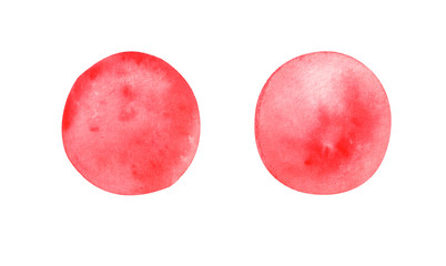 Light red watercolor circles set. Round ligth red geometric shapes on white background. Aquarelle stains on paper texture. Abstract art. Template for your design.