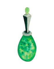 Watercolor hand painted llime green poison in beautiful glass bottle isolated on white background.