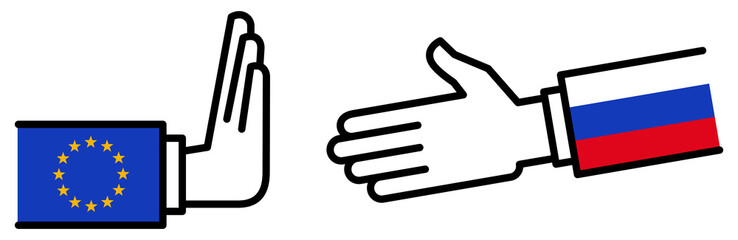 Obraz premium EU RUSSIA no deal, trade agreement, refuse handshake, flags