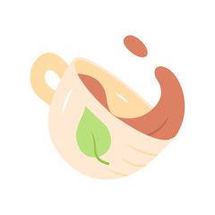 Tea cup flat design long shadow color icon. Hot steaming mug with splash. Tea shop, kitchenware, dishware. Leaf emblem on cup. Aromatic beverage. Refreshment drink. Vector silhouette illustration