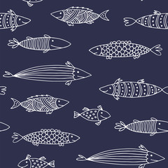 Fishes doodle vector pattern, animal seamless background